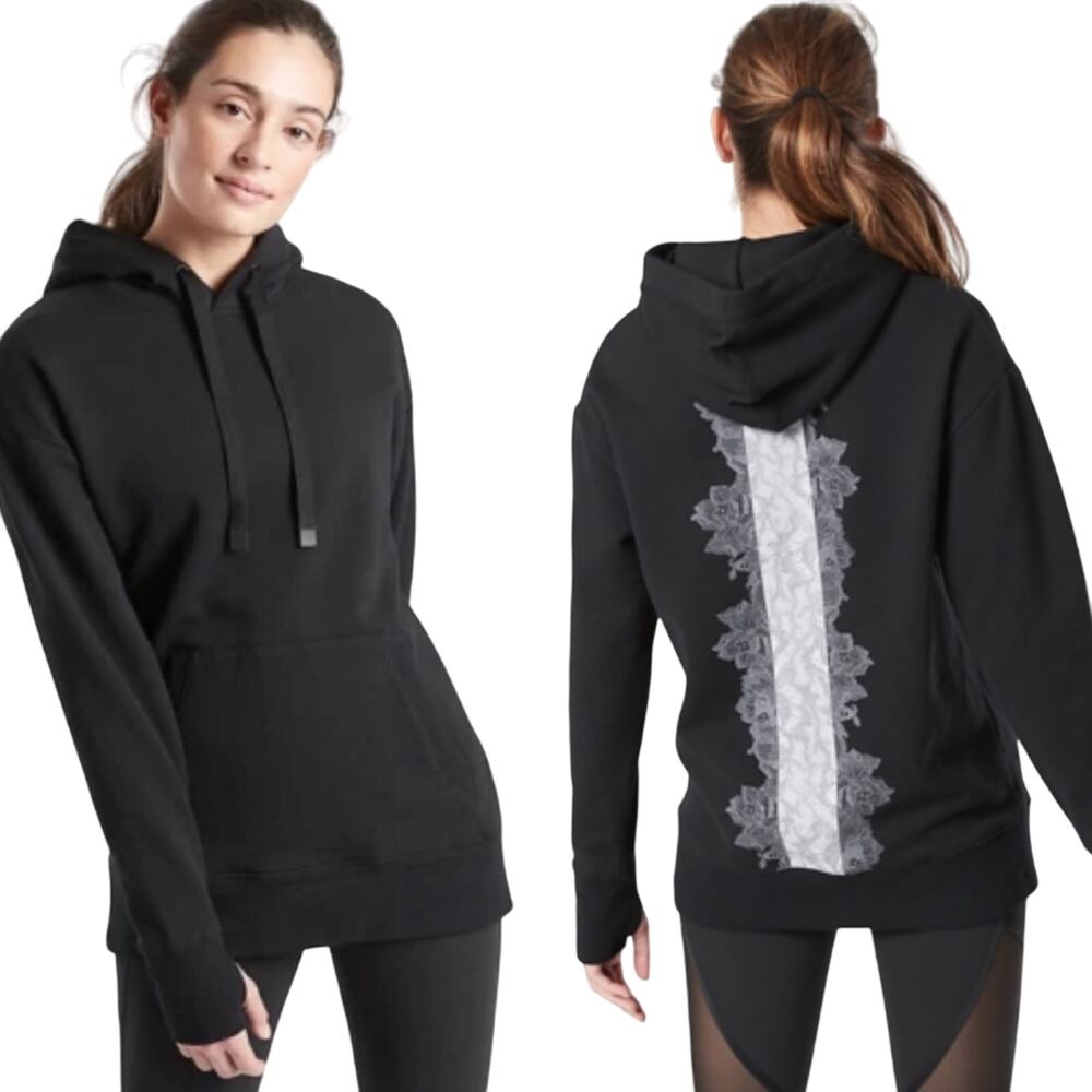 Athleta Hoodie Rose Floral Lace Stripe Graphic Back Thumbhole Cuff Black XXS